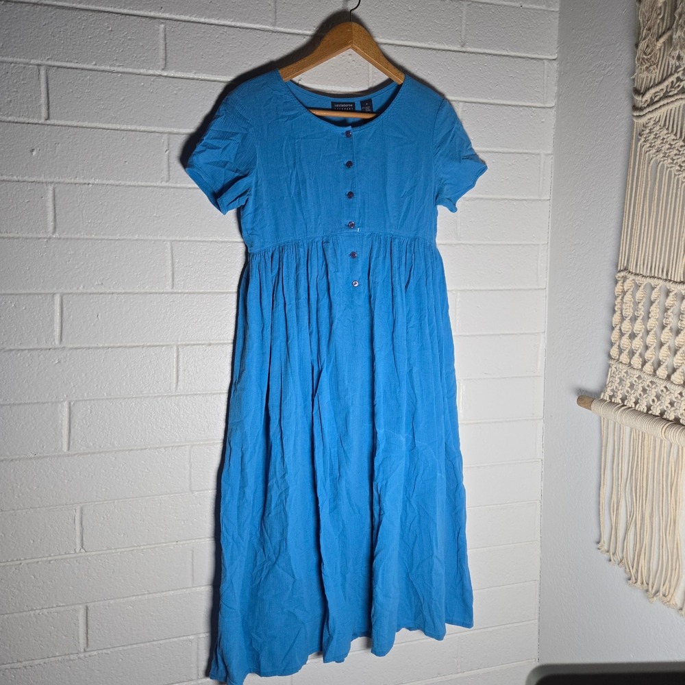 Vtg Liz Claiborne Womens Dress Cotton Linen Button Midi Dress Babydoll 90s M